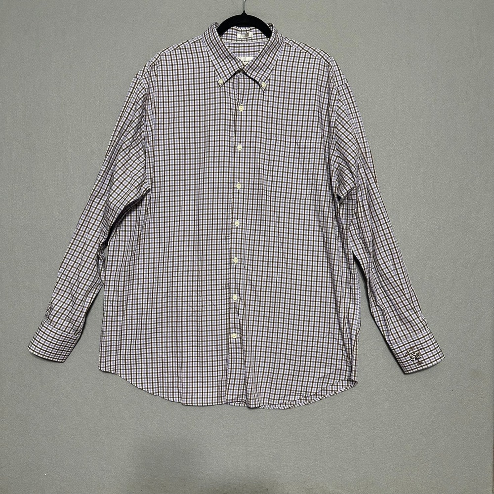 Peter Millar Mens XL Button Down Shirt Purple Brown Check Tattersall Cotton